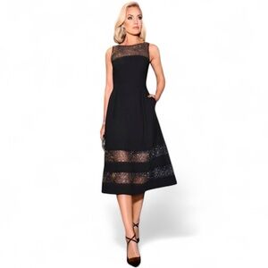 AIDAN MATTOX Bateau-neck Black A-line Cocktail‎ Festive Sheer Stripe Dress 2